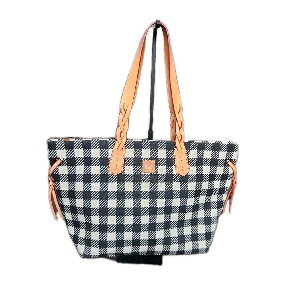 Dooney & Bourke Gingham Check Tote Bag Large Shopper Braided Leather Straps EUC